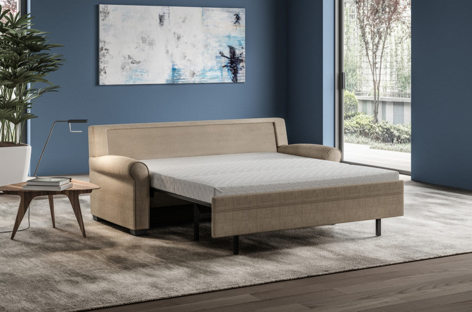 American Leather Gaines Comfort Sleeper® with soft roll arms and modern embroidery detail