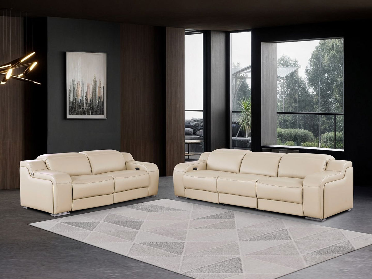 DivanItalia 1116 5-Piece Modular Power Reclining Sofa and Loveseat Set in Top Grain Italian Leather with 4 Power Recliners & Power Headrests - Beige