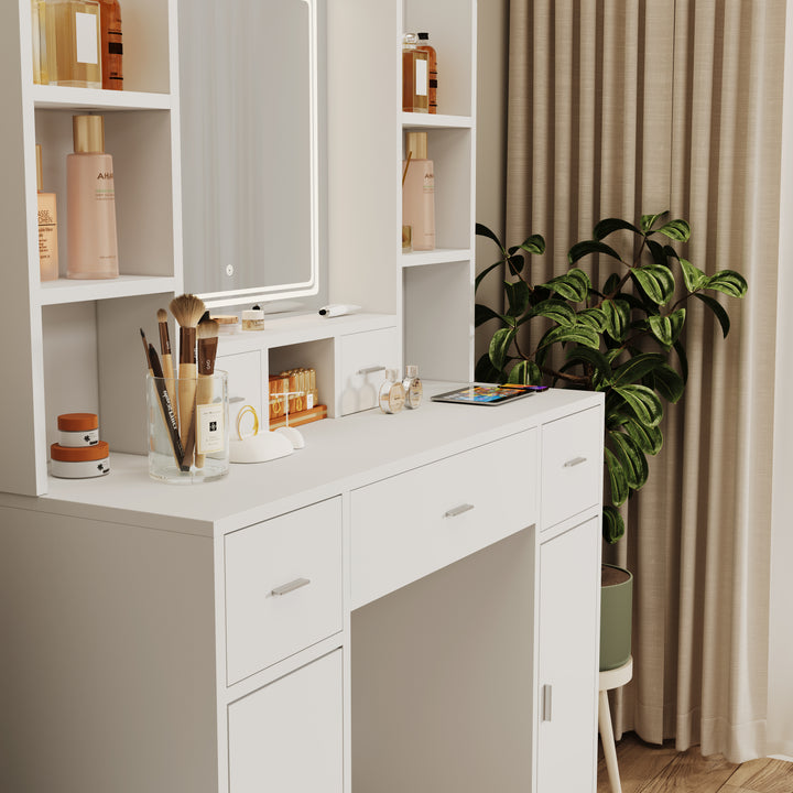 White Vanity Table with LED Mirror, Hair Dryer Rack &amp; Cushioned Stool