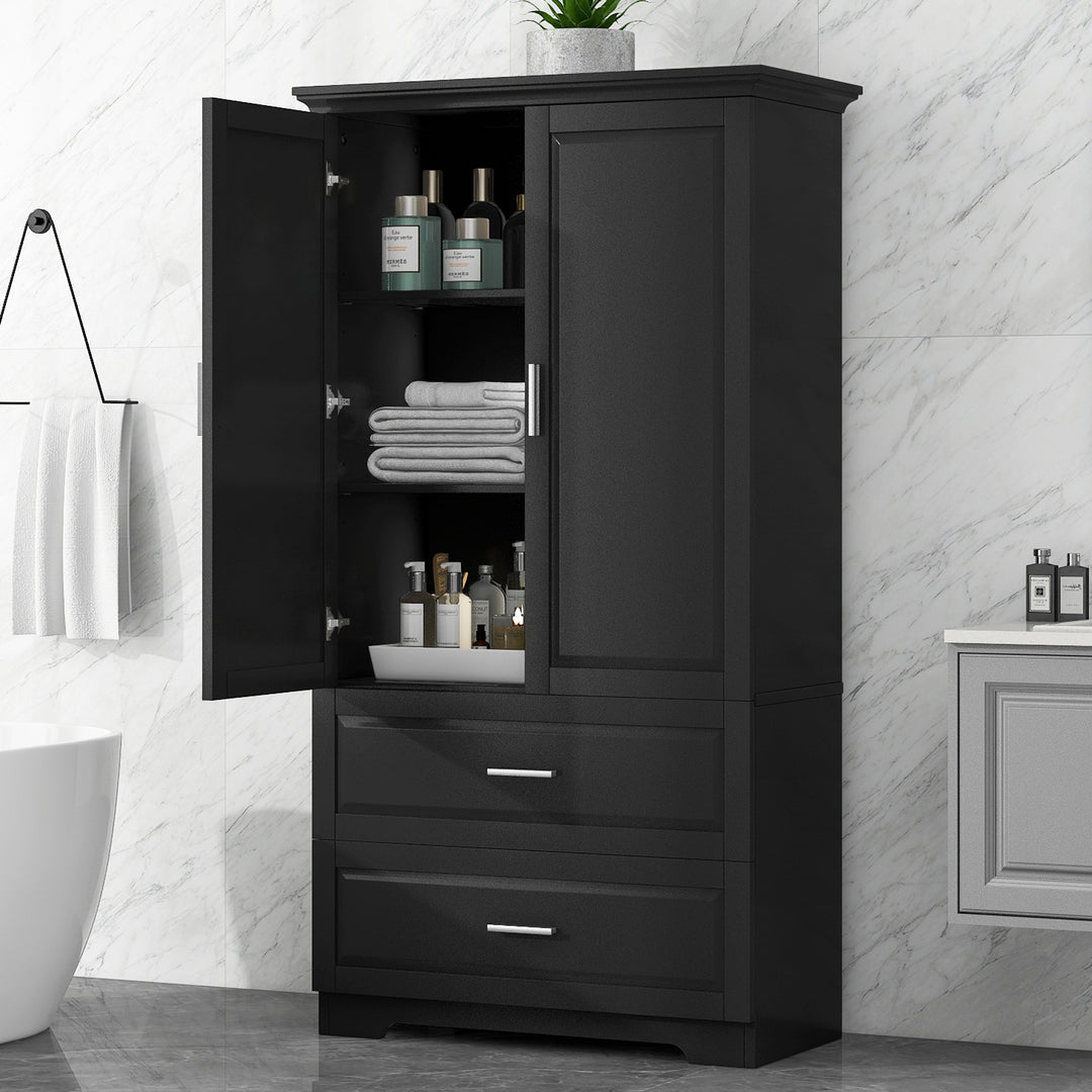 Tall Bathroom Storage Cabinet with Two Doors and Drawers, Adjustable Shelf, Anti-Tip Design