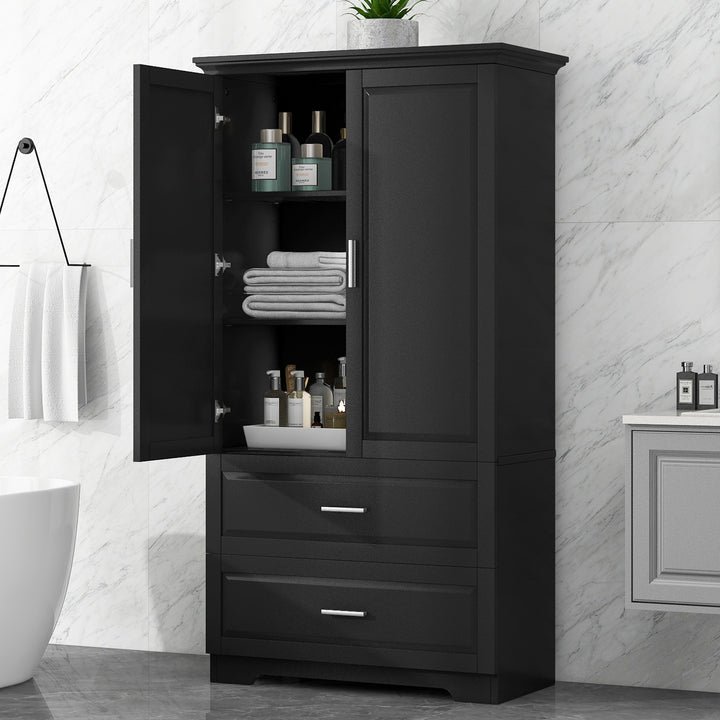 Tall Bathroom Storage Cabinet with Two Doors and Drawers, Adjustable Shelf, Anti-Tip Design