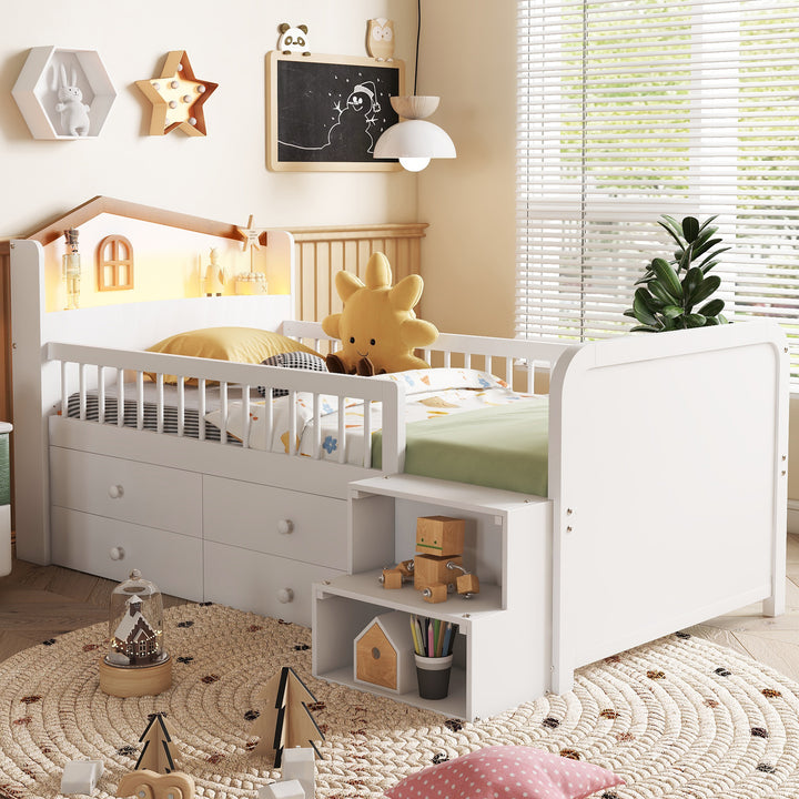 Low Wooden Twin Loft Bed with LED Lights and Storage Drawers, White