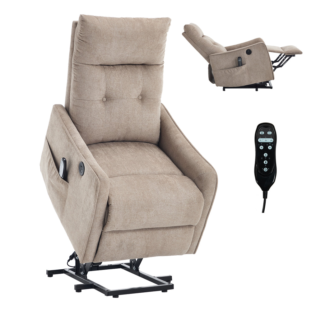 Khaki Power Lift Recliner Chair with Heat, Massage, USB Charging & Swivel for Elderly