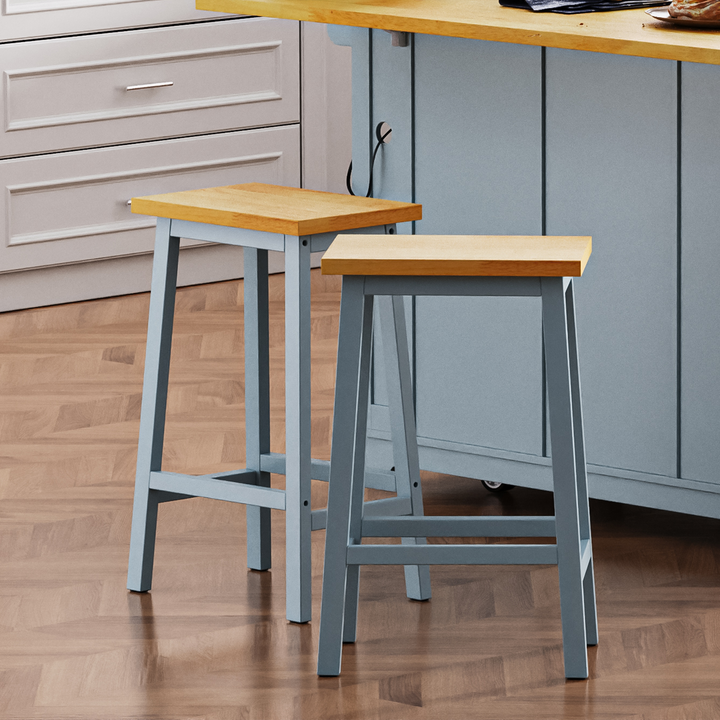 25.6" Solid Wood Farmhouse Bar Stools with Footrests, Set of 2 Grey & Blue Counter Chairs