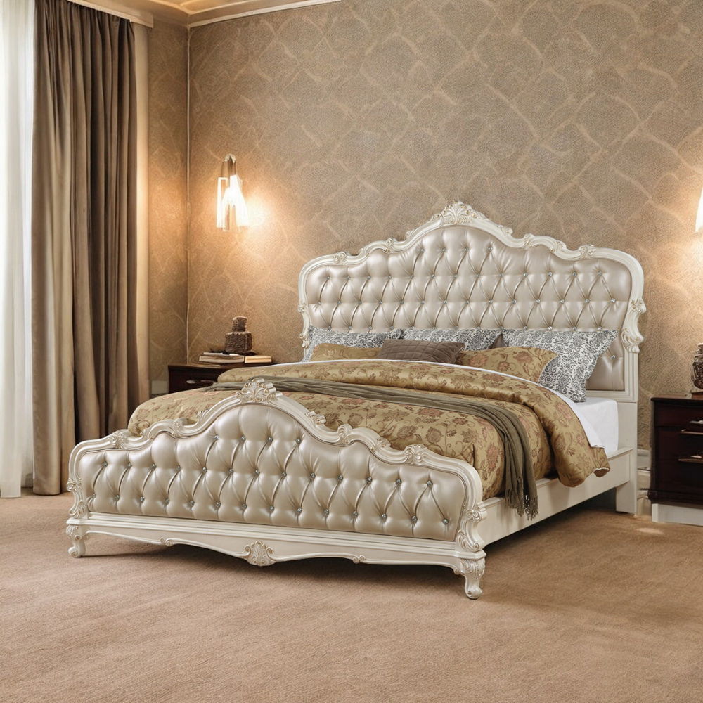 Chantelle - Queen Bed - Rose Gold Synthetic Leather & Pearl White