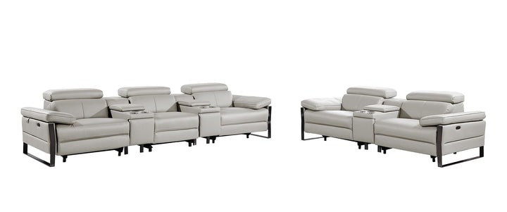 DivanItalia 1246 Modular Power Reclining Dual Console Sofa and Console Loveseat Set with Power Headrests – Top Grain Italian Leather - Light Gray