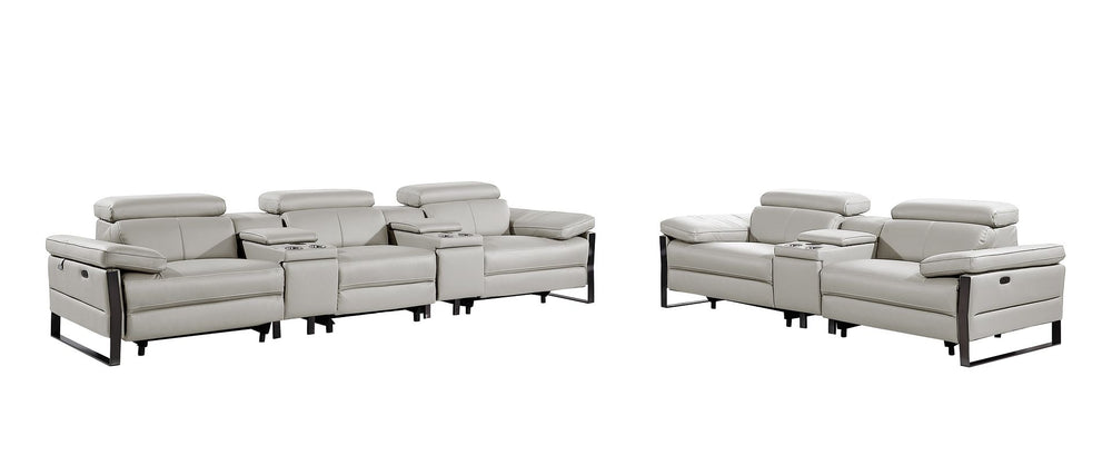 DivanItalia 1246 Modular Power Reclining Dual Console Sofa and Console Loveseat Set with Power Headrests – Top Grain Italian Leather - Light Gray