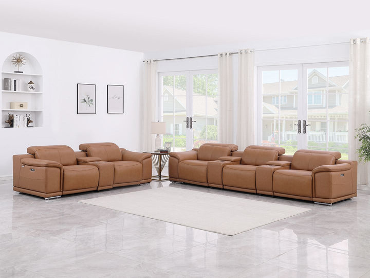 DivanItalia 9762 8-Piece Modular Power Reclining Sofa and Console Loveseat Set with Top Grain Italian Leather - Cognac