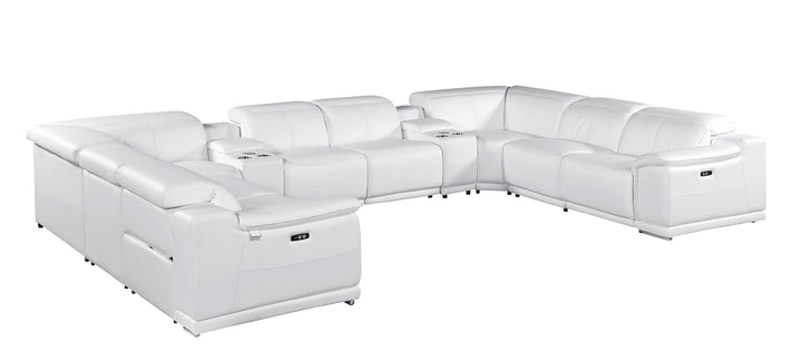 DivanItalia 9762 10-Piece U Shaped Top Grain Italian Leather Sectional Sofa with 4 Power Recliners - White