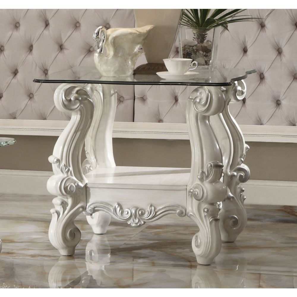 ACME Furniture Versailles End Table Clear Glass & Bone White