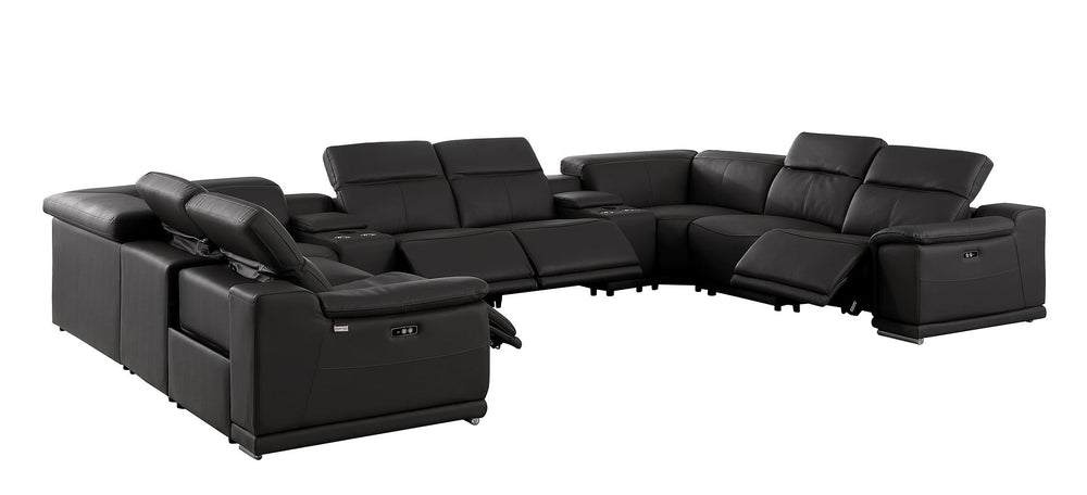 DivanItalia 9762 10-Piece U Shaped Top Grain Italian Leather Sectional Sofa with 4 Power Recliners - Black