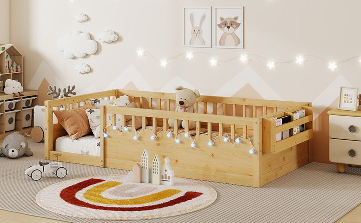twin-montessori-floor-bed-frame-with-high-rails-and-storage-shelf-natural