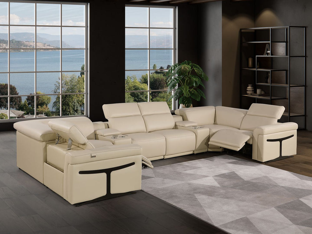 DivanItalia 1126 8-Piece U-Shaped Sectional Sofa in Top Grain Italian Leather with 2 Power Recliners & Power Headrests - Beige