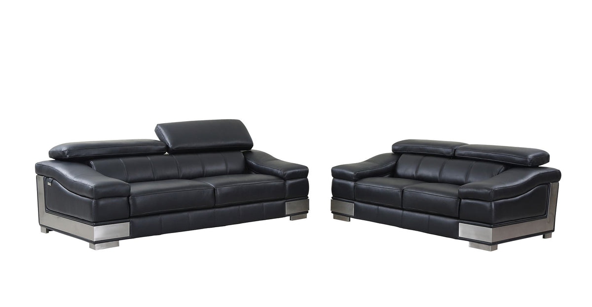 DivanItalia 415 2-Piece Sofa Set with Adjustable Headrest in Top-Grain Italian Leather - Black