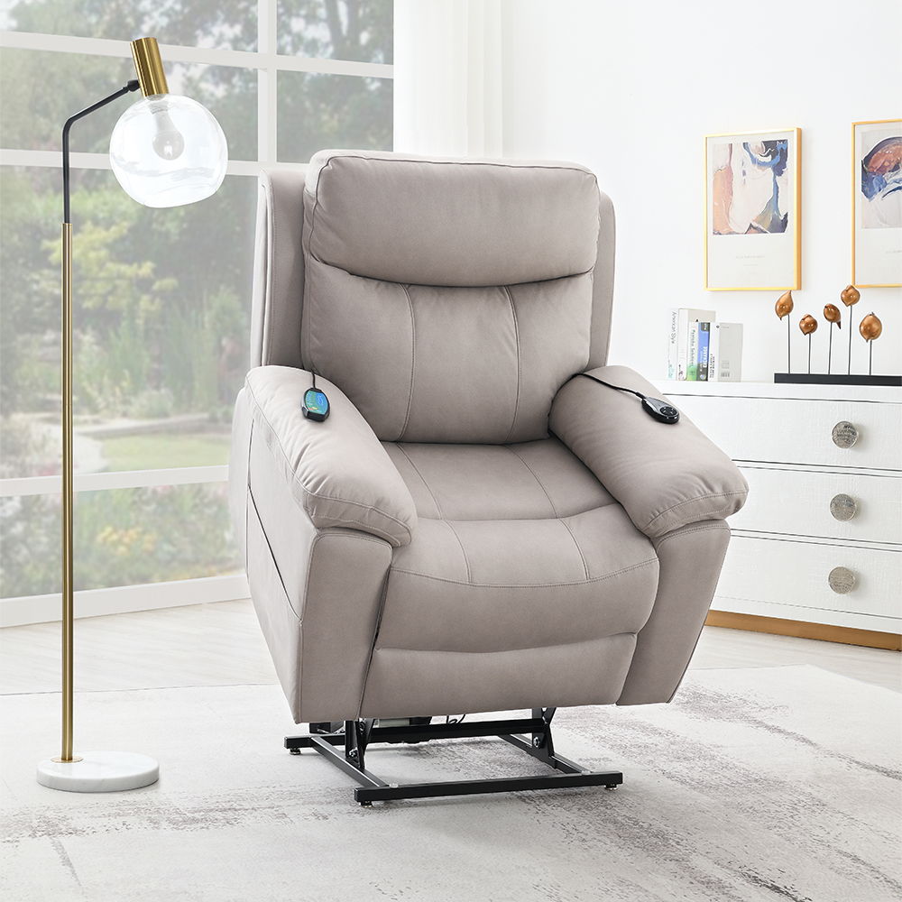 Chriki - Power Recliner With Lift & Heating & Massage - Beige Chenille & Black