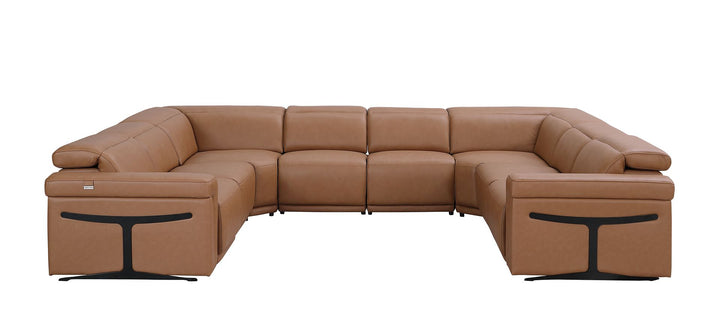 DivanItalia 1126 8-Piece U-Shaped Sectional Sofa in Top Grain Italian Leather with 4 Power Recliners &amp; Power Headrests – No Console - Cognac
