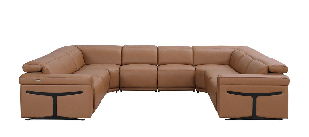 DivanItalia 1126 8-Piece U-Shaped Sectional Sofa in Top Grain Italian Leather with 4 Power Recliners & Power Headrests – No Console - Cognac