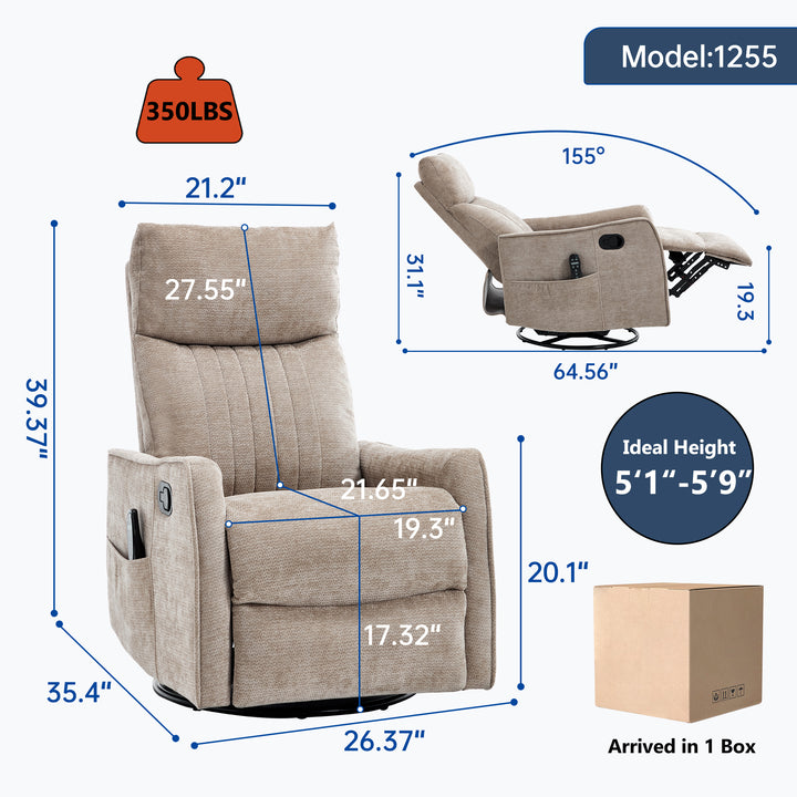Khaki Heat &amp; Massage Manual Swivel Rocker Recliner Chair in Fabric