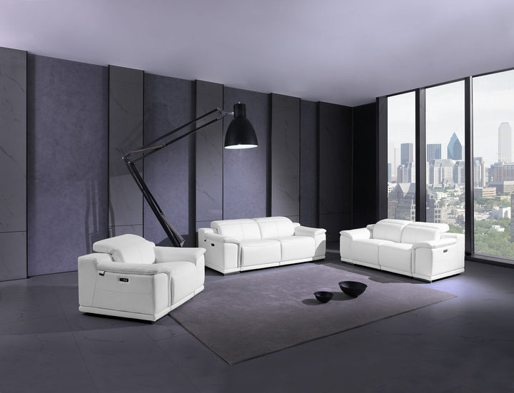 DivanItalia 9762 Top Grain Italian Leather Power Reclining Sofa, Loveseat and Chair Set with Adjustable Headrests - White