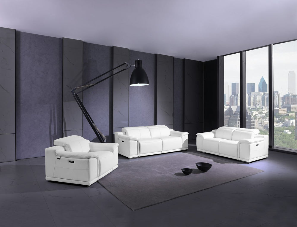 DivanItalia 9762 Top Grain Italian Leather Power Reclining Sofa, Loveseat and Chair Set with Adjustable Headrests - White