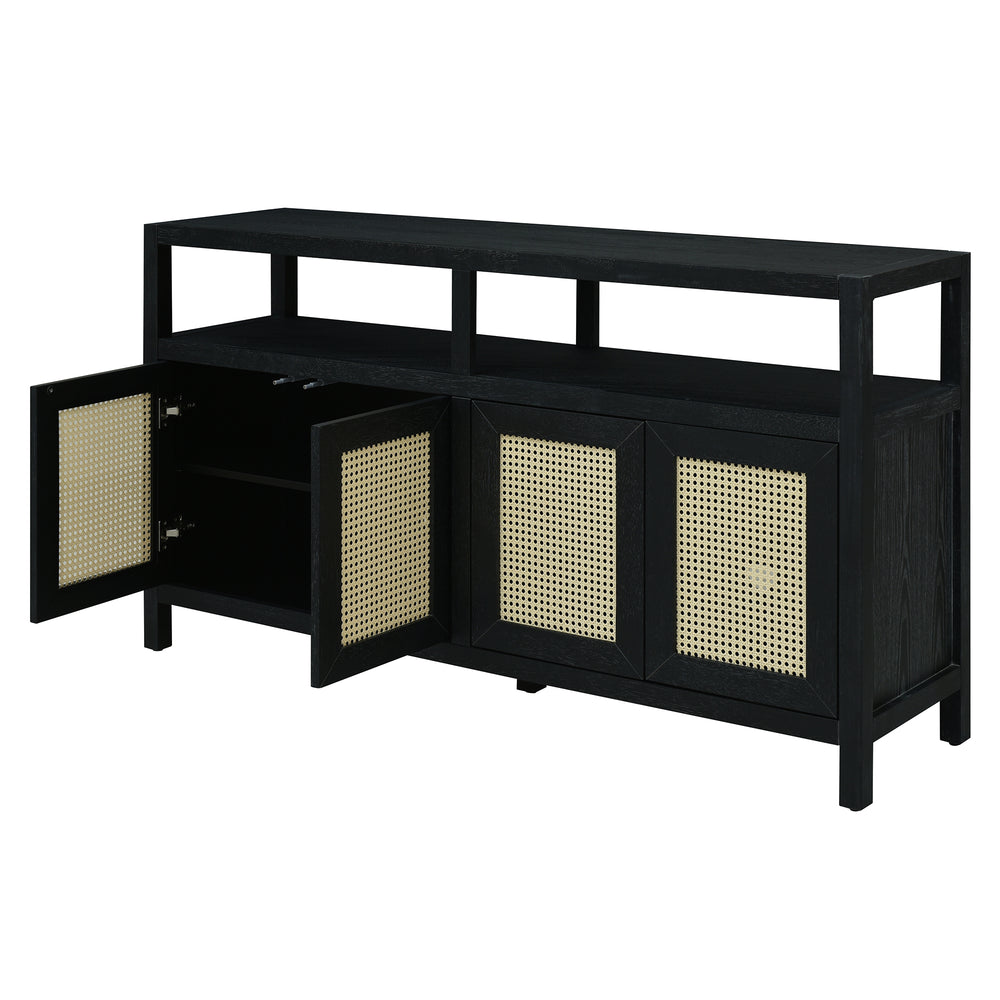 bohemian-style-rattan-sideboard-or-buffet-storage-cabinet-with-solid-wood-frame-black