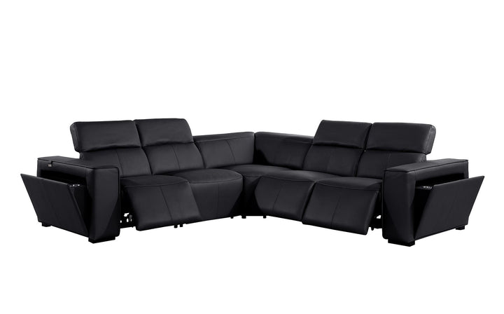 DivanItalia 1224 5-Piece L-Shaped Sectional Sofa in Top Grain Italian Leather with 3 Power Recliners &amp; Power Headrests - Black
