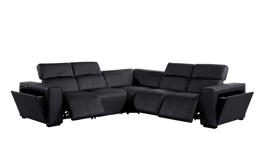DivanItalia 1224 5-Piece L-Shaped Sectional Sofa in Top Grain Italian Leather with 3 Power Recliners & Power Headrests - Black