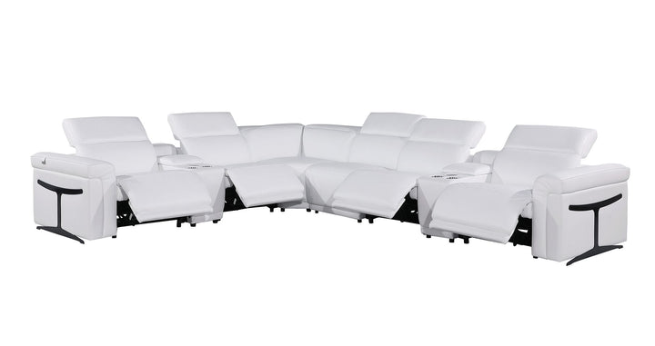 DivanItalia 1126 8-Piece L-Shaped Sectional Sofa in Top Grain Italian Leather with 4 Power Recliners &amp; Power Headrests - White