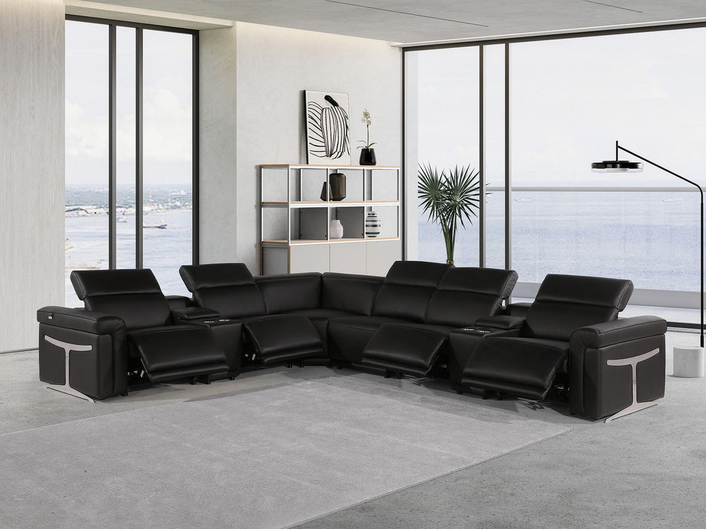 DivanItalia 1126 8-Piece L-Shaped Sectional Sofa in Top Grain Italian Leather with 4 Power Recliners & Power Headrests - Black