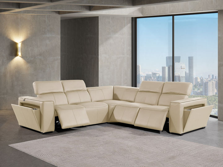 DivanItalia 1224 5-Piece L-Shaped Sectional Sofa in Top Grain Italian Leather with 3 Power Recliners &amp; Power Headrests - Beige