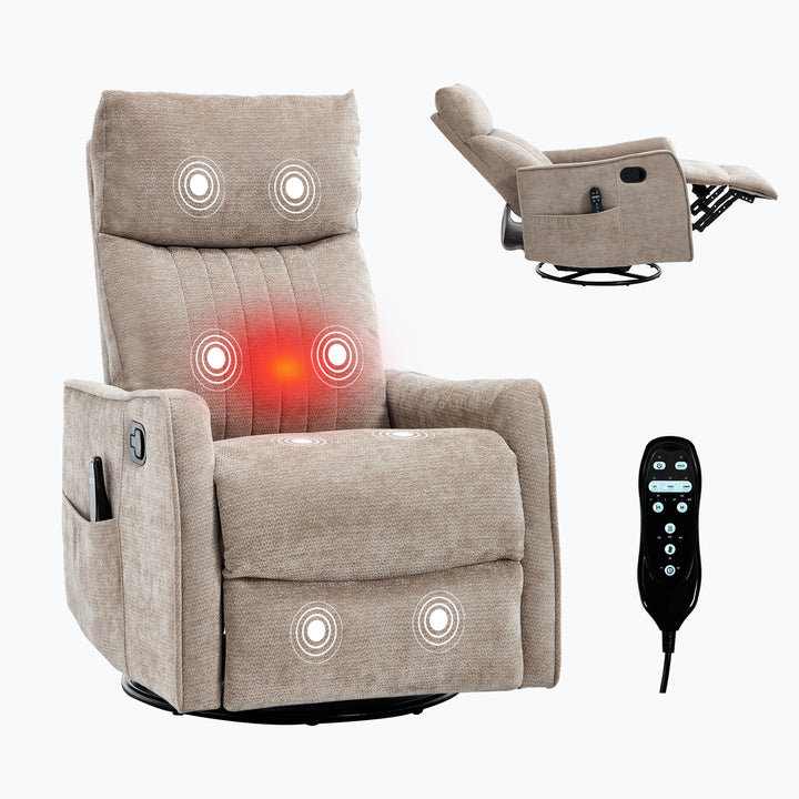 Khaki Heat &amp; Massage Manual Swivel Rocker Recliner Chair in Fabric