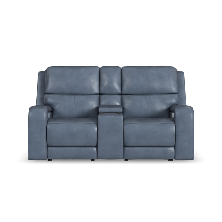 Oasis Leather Power Reclining Loveseat with Console, Power Headrests, Lumbar, Heat &amp; Massage in Storm