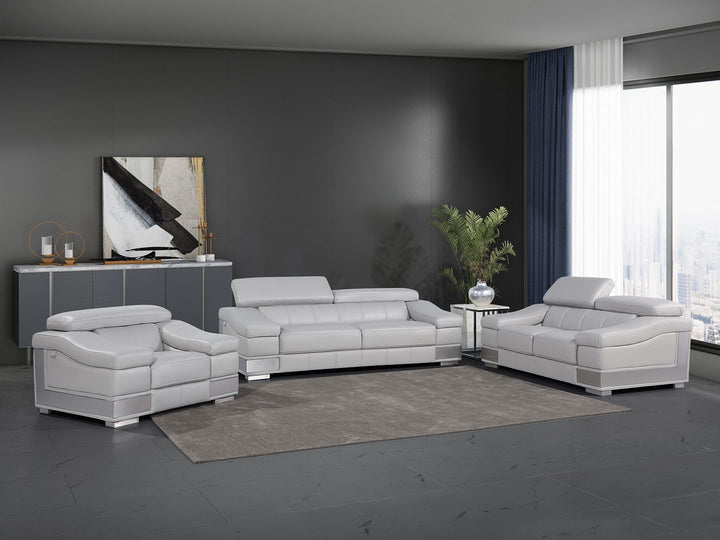DivanItalia 415 3-Piece Sofa Set with Adjustable Headrest in Top-Grain Italian Leather - Light Gray