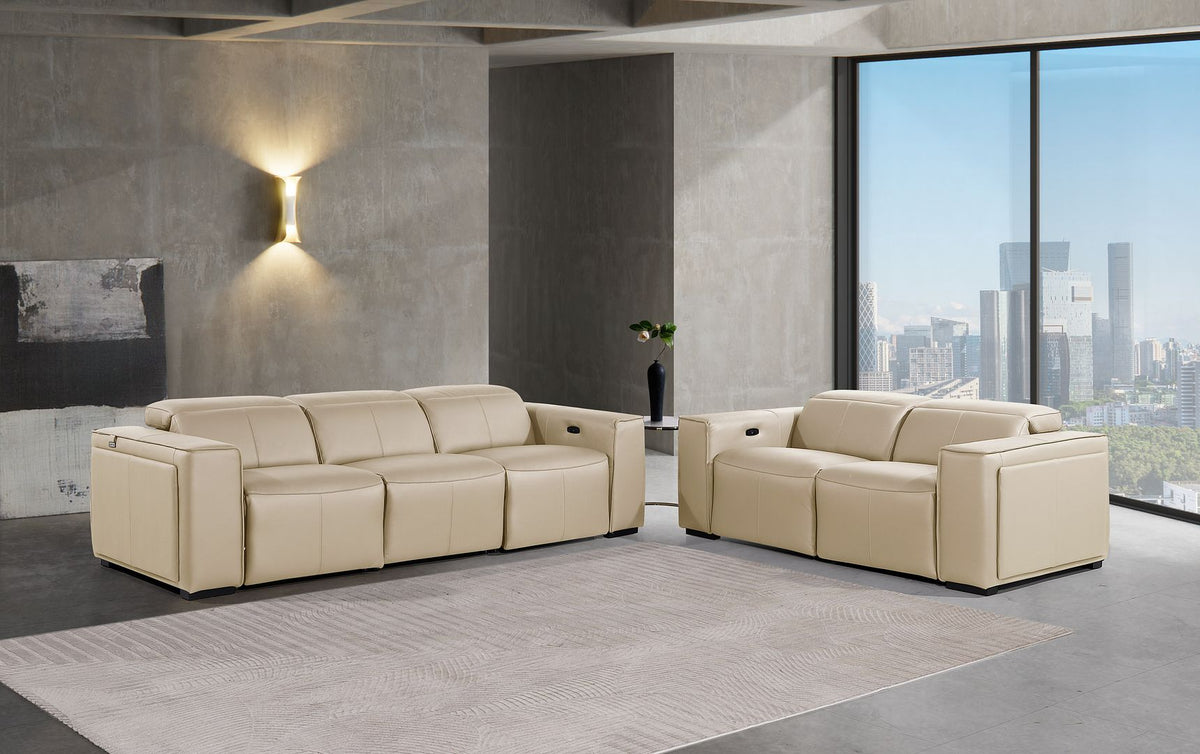 DivanItalia 1224 5-Piece Modular Power Reclining Sofa and Loveseat Set in Top Grain Italian Leather with 4 Power Recliners & Power Headrests - Beige