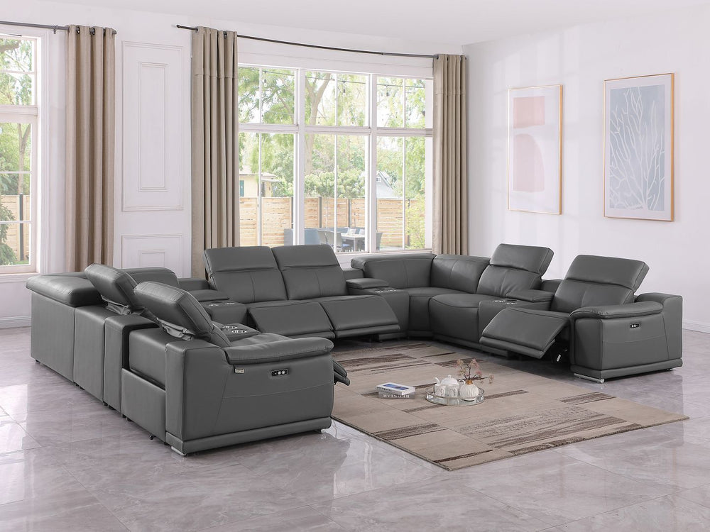 DivanItalia 9762 12-Piece U Shaped Top Grain Italian Leather Sectional Sofa with 4 Power Recliners - Dark Gray