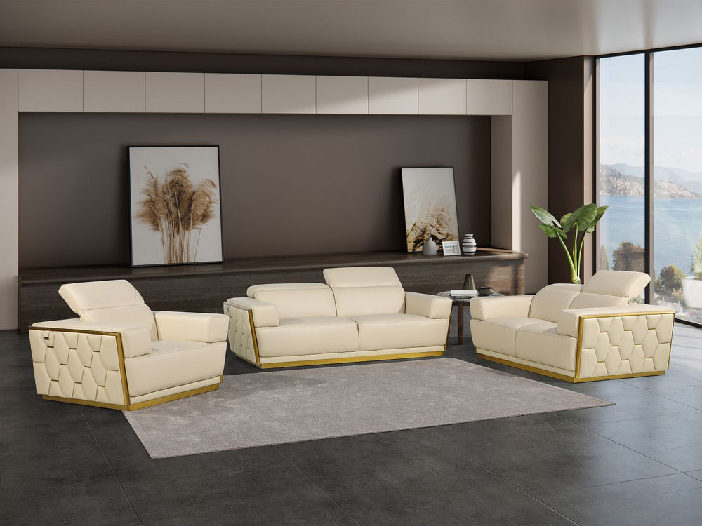DivanItalia 1111 3-Piece Sofa Set with Adjustable Headrest in Top-Grain Italian Leather - Cream