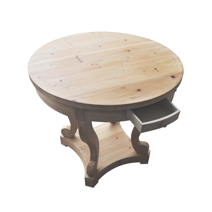 Round Farmhouse Style Dining Table with Curved Legs in Natural Wood Grain, Distressed Finish