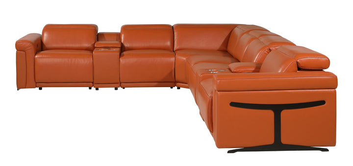 DivanItalia 1126 8-Piece L-Shaped Sectional Sofa in Top Grain Italian Leather with 4 Power Recliners &amp; Power Headrests - Camel