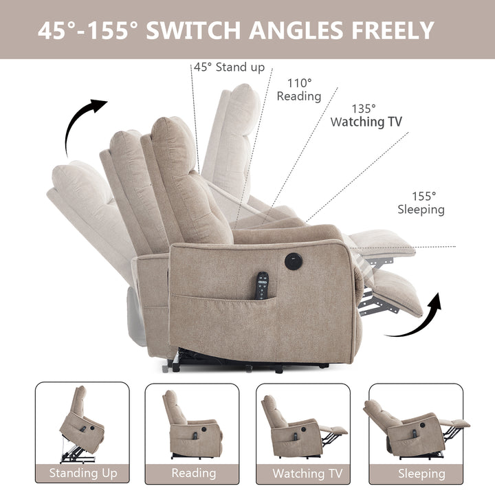 Khaki Power Lift Recliner Chair with Heat, Massage, USB Charging &amp; Swivel for Elderly