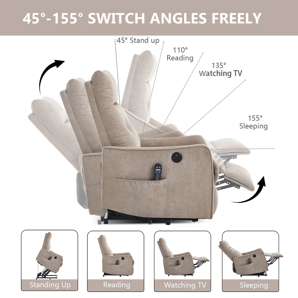 Khaki Power Lift Recliner Chair with Heat, Massage, USB Charging & Swivel for Elderly