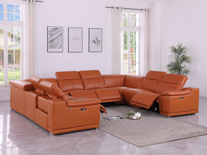 DivanItalia 9762 8-Piece U Shaped Top Grain Italian Leather Sectional Sofa with 4 Power Recliners – with Console - Camel