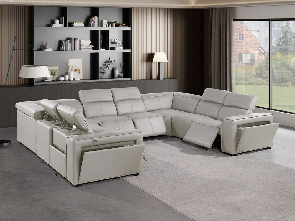 DivanItalia 1224 8-Piece U-Shaped Sectional Sofa in Top Grain Italian Leather with 4 Power Recliners & Power Headrests – No Console - Light Gray