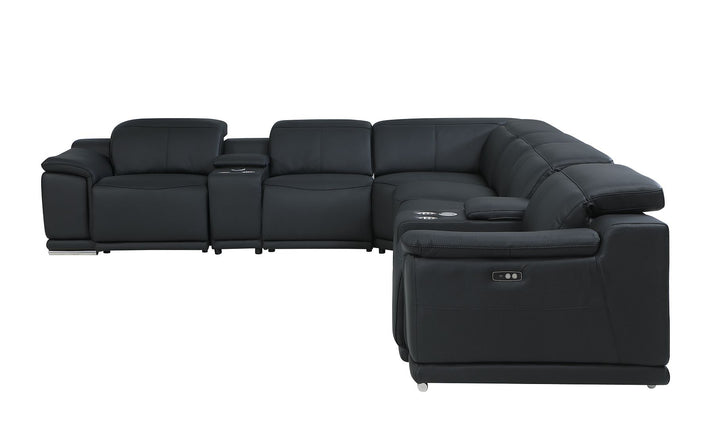 DivanItalia 9762 8-Piece L Shaped Top Grain Italian Leather Sectional Sofa with 4 Power Recliners - Black