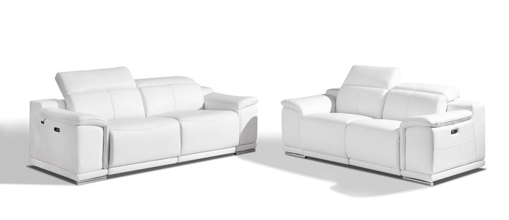 DivanItalia 9762 Top Grain Italian Leather Power Reclining Sofa and Loveseat Set with Adjustable Headrests - White