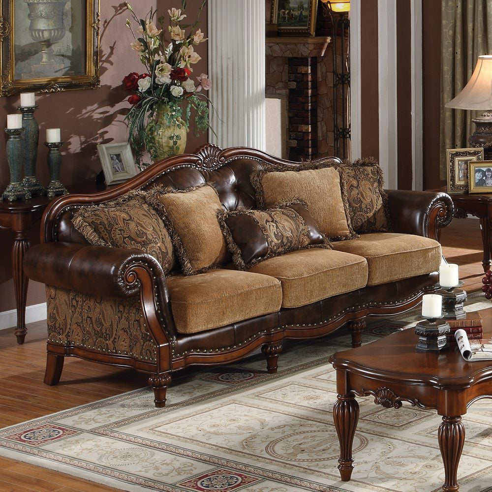 Dreena Sofa with 5 Pillows - Two Tone Brown Leatherette & Chenille