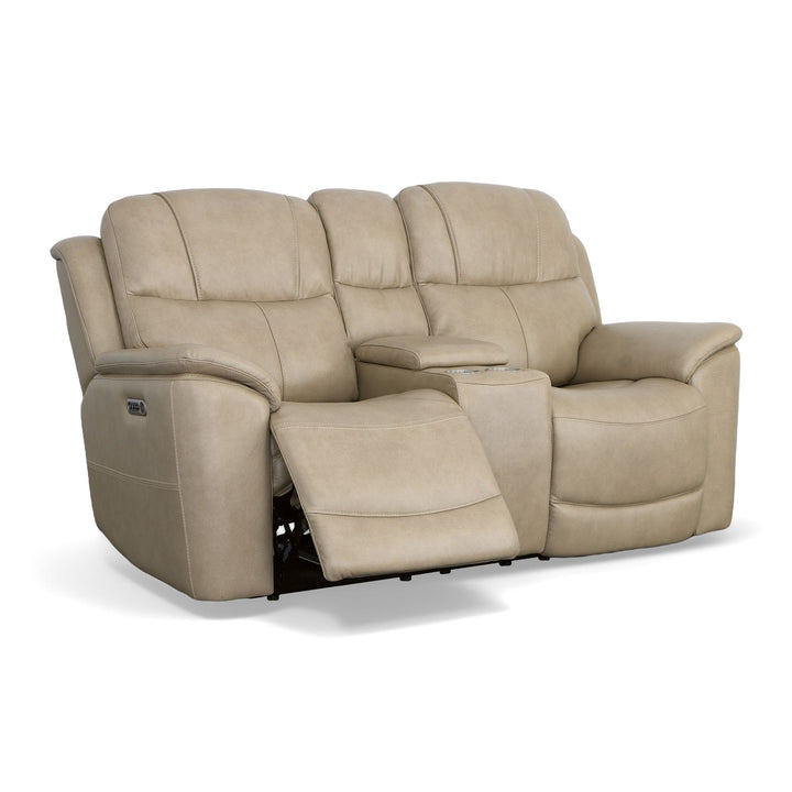Crew Leather Power Reclining Loveseat with Console, Power Headrests &amp; Lumbar in Pebble