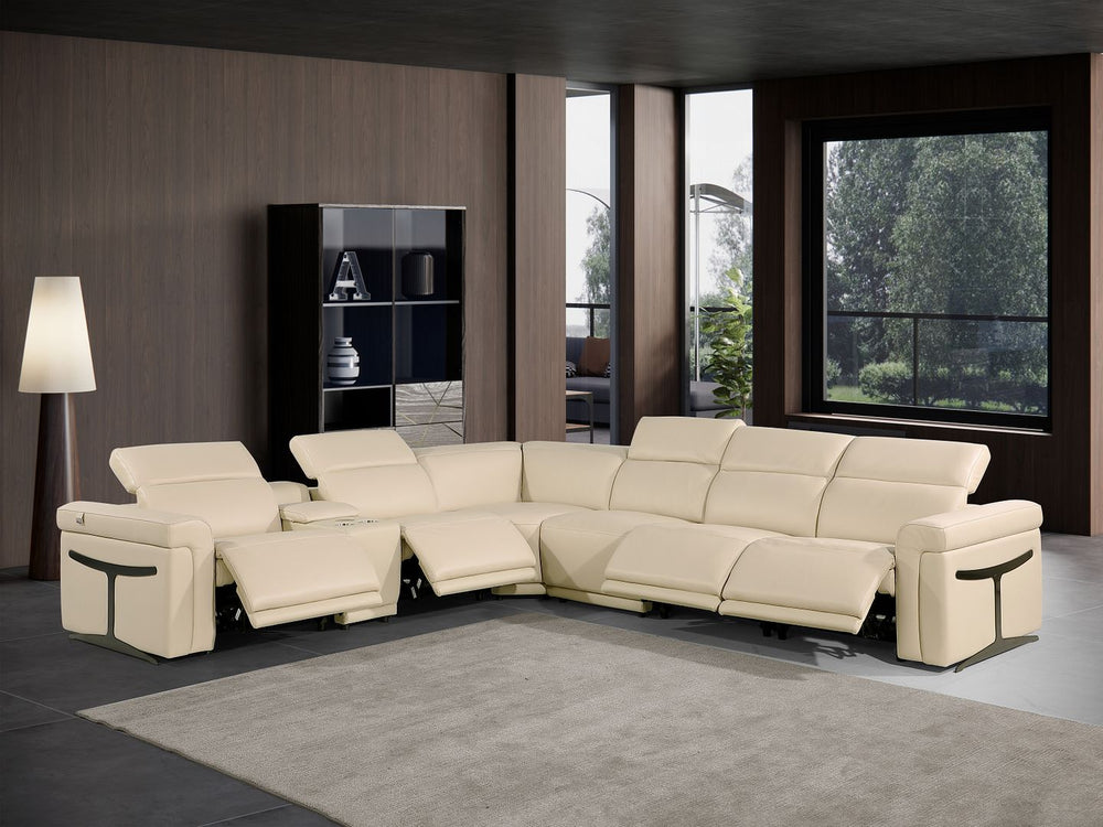 DivanItalia 1126 7-Piece L-Shaped Sectional Sofa in Top Grain Italian Leather with 4 Power Recliners & Power Headrests - Beige