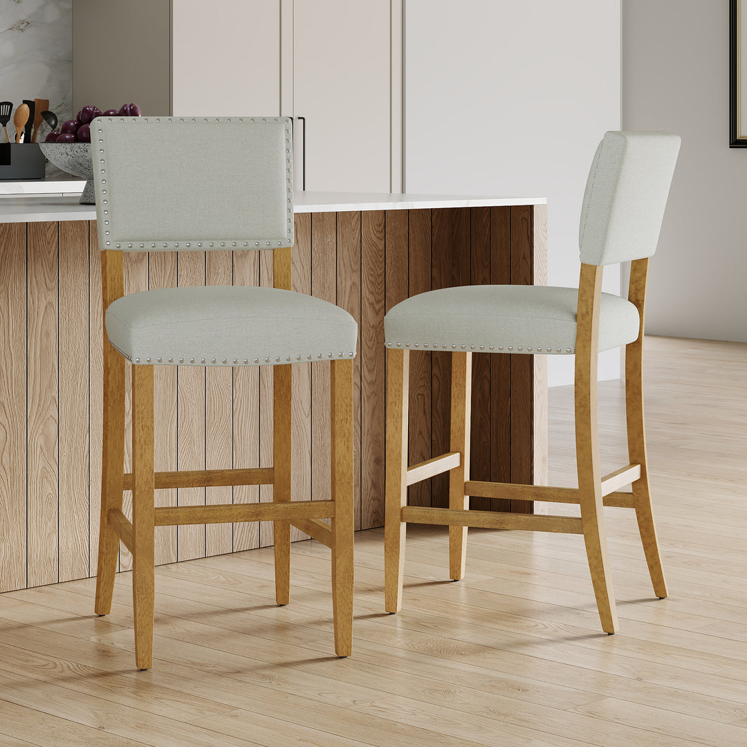 Nailhead Trim Fabric Barstool – Beige (Set of 2)