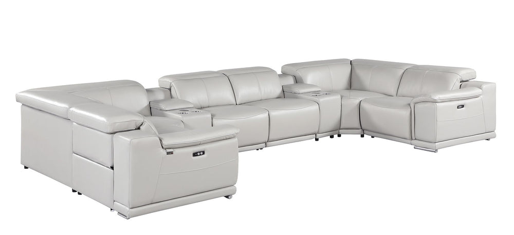 DivanItalia 9762 8-Piece U Shaped Top Grain Italian Leather Sectional Sofa with 4 Power Recliners – with Console - Light Gray