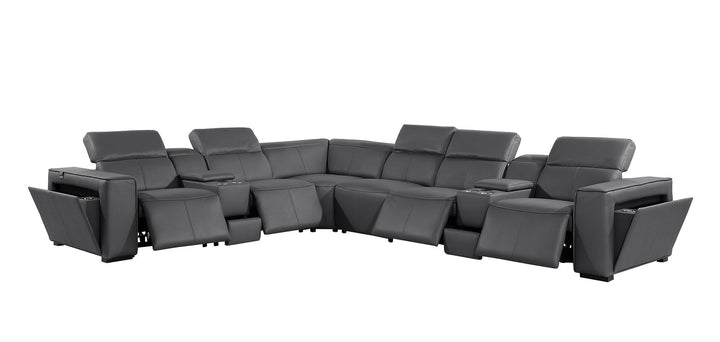 DivanItalia 1224 8-Piece U-Shaped Sectional Sofa in Top Grain Italian Leather with 4 Power Recliners &amp; Power Headrests – No Console - Dark Gray